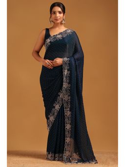 Soch - Women Navy Blue Fendy Organza Embellished Saree With Stone Work With Unstitched Blouse