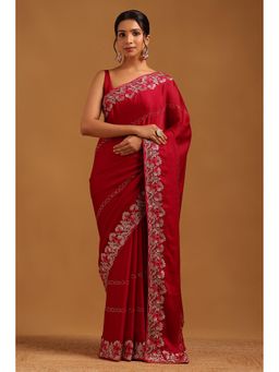 Soch - Women Wine Chiffon Floral Saree With Embroidery And Stone Work With Unstitched Blouse