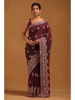 Soch - Women Wine Fendy Georgette Ethnic Motifs Saree With Zari Embroidery With Unstitched Blouse