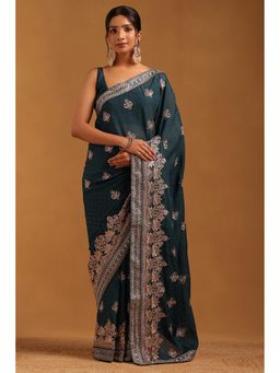 Soch - Women Teal Fendy Georgette Ethnic Motifs Saree With Zari Embroidery With Unstitched Blouse