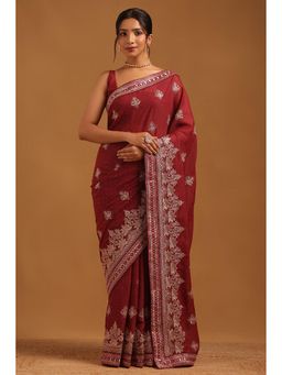 Soch - Women Maroon Fendy Georgette Ethnic Motifs Saree With Zari Embroidery With Unstitched Blouse
