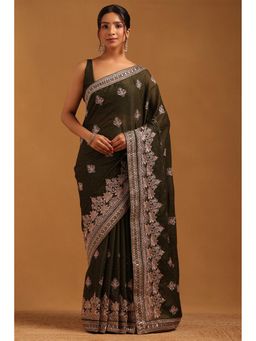 Soch - Women Green Fendy Georgette Ethnic Motifs Saree With Zari Embroidery With Unstitched Blouse
