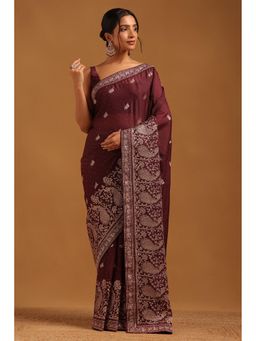 Soch - Women Wine Fendy Georgette Bird Motifs Saree With Zari Embroidery With Unstitched Blouse