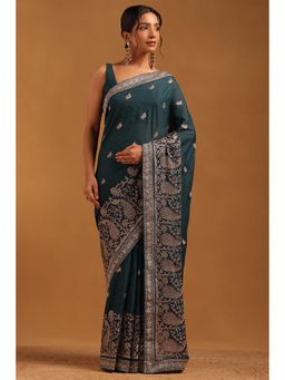 Soch - Women Teal Fendy Georgette Bird Motifs Saree With Zari Embroidery With Unstitched Blouse