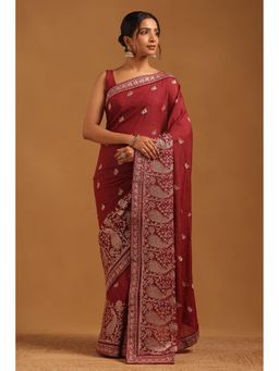 Soch - Women Maroon Fendy Georgette Bird Motifs Saree With Zari Embroidery With Unstitched Blouse