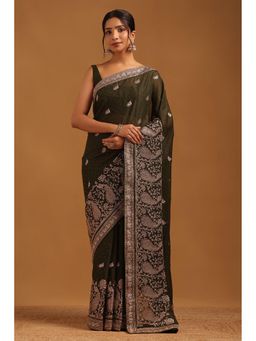 Soch - Women Green Fendy Georgette Bird Motifs Saree With Zari Embroidery With Unstitched Blouse