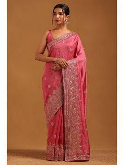 Soch - Women Onion Pink Tussar Ethnic Motifs Saree With Zari Embroidery With Unstitched Blouse