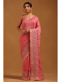 Soch - Women Pink Tussar Ethnic Motifs Saree With Zari Embroidery With Unstitched Blouse