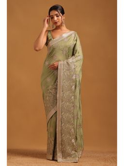Soch - Women Light Green Tussar Botanical Saree With Zari Embroidery With Unstitched Blouse