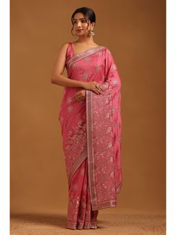 Soch - Women Onion Pink Tussar Botanical Saree With Zari Embroidery With Unstitched Blouse