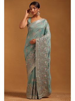 Soch - Women Turquoise Blue Tussar Botanical Saree With Zari Embroidery With Unstitched Blouse