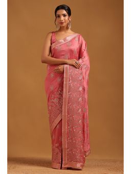 Soch - Women Pink Tussar Botanical Saree With Zari Embroidery And Stone Work With Unstitched Blouse