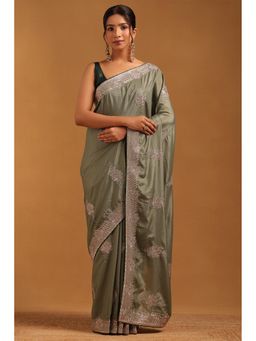 Soch - Women Olive Fendy Georgette Ethnic Motif Saree With Zari Embroidery With Unstitched Blouse