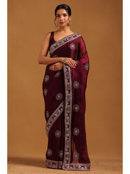 Soch - Women Purple Fendy Organza Floral Saree With Zari Embroidery With Unstitched Blouse