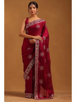 Soch - Women Wine Fendy Organza Floral Saree With Zari Embroidery With Unstitched Blouse
