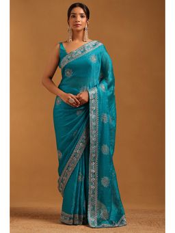 Soch - Women Turquoise Blue Fendy Organza Floral Saree With Zari Embroidery With Unstitched Blouse