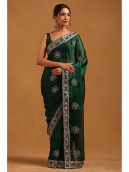 Soch - Women Green Fendy Organza Floral Saree With Zari Embroidery With Unstitched Blouse