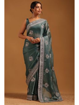 Soch - Women Turquoise Blue Fendy Organza Floral Saree With Zari Embroidery With Unstitched Blouse