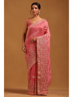 Soch - Women Pink Tussar Floral Saree With Zari Embroidery And Stone Work With Unstitched Blouse