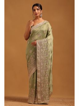 Soch - Women Light Green Tussar Floral Saree With Zari Embroidery With Unstitched Blouse