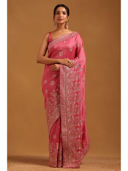 Soch - Women Onion Pink Tussar Floral Saree With Zari Embroidery With Unstitched Blouse