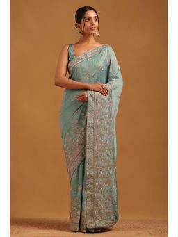 Soch - Women Turquoise Blue Tussar Floral Saree With Zari Embroidery With Unstitched Blouse