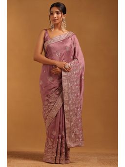Soch - Women Lavender Tussar Floral Saree With Zari Embroidery And Stone Work With Unstitched Blouse