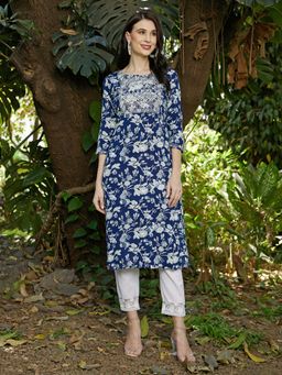 FASHOR - Zari Embroidered Floral Printed Straight Fit Kurta - Dark Blue