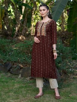 FASHOR - Floral Hand Embroidered Woven Stripes Straight Fit Kurta-Burgundy