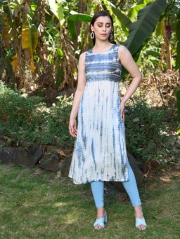 FASHOR - Tie Dye Printed Lurex Striped & Embroidered Straight Fit Kurta - Indigo