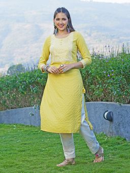 FASHOR - Ethnic Stripes Embroidered Straight Fit Kurta Light Pear