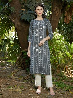 FASHOR - Stripes Woven & Embroidered Kurta - Grey