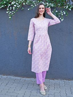 FASHOR - Floral Printed & Mirror Work A-Line Kurta With Pants -Light Pink