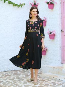 FASHOR - Ethnic Printed & Embroidered Anarkali Flared Midi Dress - Black