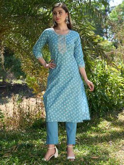 FASHOR - Ethnic Printed & Embroidered Straight Kurta With Pants - Light Blue