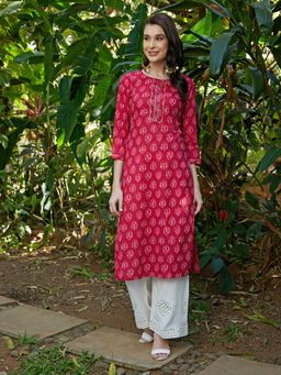 FASHOR - Ethnic Printed & Gota Straight Kurta With Palazzo - Hot Pink (Set of 2)