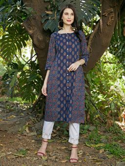 FASHOR - Ethnic Printed A-line Midi Dress - Blue