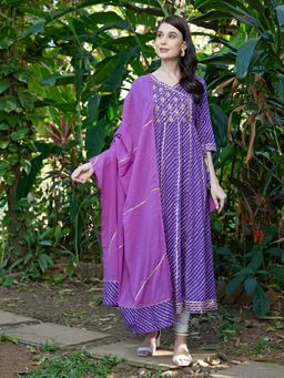 FASHOR - Purple Leheriya Printed Embroidered Anarkali Maxi Dress with Dupatta (Set of 2)