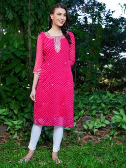 FASHOR - Leheriya Stripes & Embroidered Straight Fit Kurta-Hot Pink