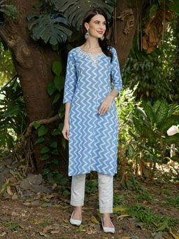 FASHOR - Ethnic Printed & Embroidered Straight Fit Kurta-Light Blue