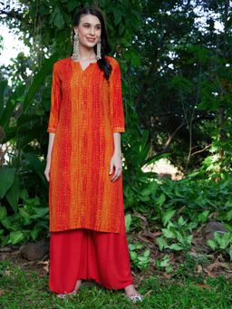 FASHOR - Tie - Dye Printed & Embroidered Straight Fit Kurta Orange