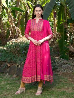 FASHOR - Bandhani Printed & Embroidered Anarkali Maxi Dress with Dupatta - Rani Pink (Set of 2)