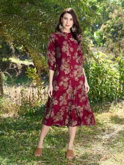 FASHOR - Floral Printed A-Line Midi Dress Red