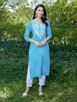 FASHOR - Leheriya Printed & Chikankari Embroidered Straight Fit Kurta - Blue