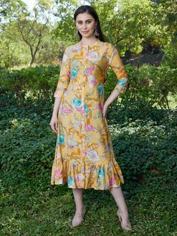 FASHOR - Abstract Floral Printed A- Line Midi Dress - Yellow