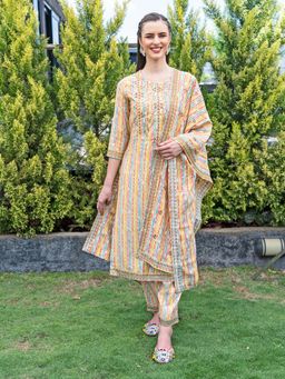 FASHOR - Ethnic Stripes Printed & Embroidered Kurta With Pant & Dupatta-multi Color (Set of 3)