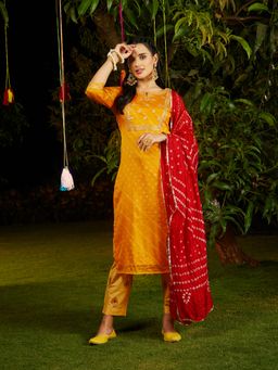 FASHOR - Bandhani Printed & Embroidered Kurta with Pants and Dupatta Yellow (Set of 3)