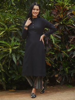 FASHOR - Solid High Slit Kurta With Printed Pants - Black (Set of 2)