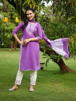 FASHOR - Resham Embroidered Kurta with Pants & Dupatta - Violet (Set of 3)