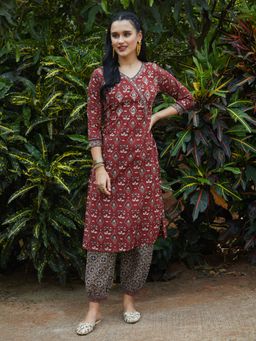 FASHOR - Floral Printed Mirror And Zari Kurta With Printed Salwar - Maroon (Set of 2)